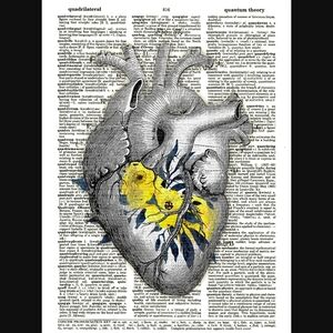 Yellow Anatomy Heart Vintage Dictionary Art Print Medical Floral Wall Decor